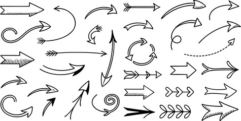 Hand drawn arrow set featuring curved, straight, dotted, and swirled arrows design, arrow vector for creative design, presentations, infographics, and decorative purposes 