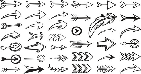 Hand drawn arrow set featuring curved, straight, dotted, and swirled arrows design, arrow vector for creative design, presentations, infographics, and decorative purposes 