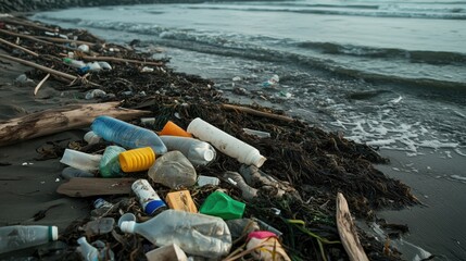 After-storm beach completely covered with newly deposited plastic waste mixed with natural driftwood and seaweed