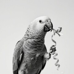Fototapeta premium A charming black and white portrait of an African Grey parrot holding a festive ribbon in its claw and beak, showcasing its intelligent and playful nature and its magnificent plumage