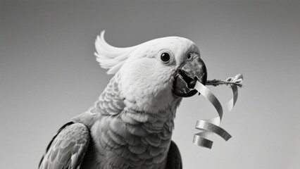 Obraz premium A charming Sulphur-crested Cockatoo playfully holds a festive silver streamer in its beak, set against a soft grey backdrop .