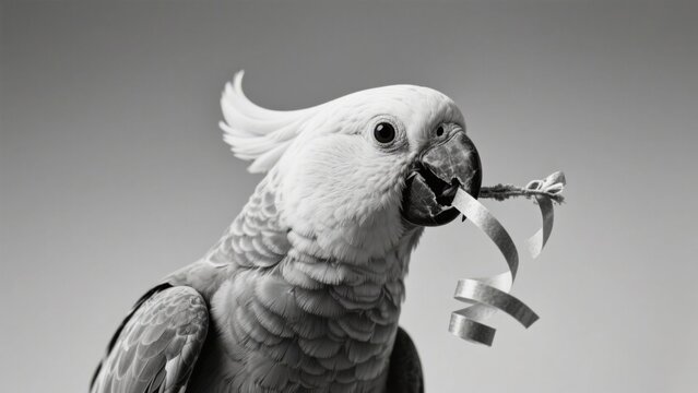 A charming Sulphur-crested Cockatoo playfully holds a festive silver streamer in its beak, set against a soft grey backdrop .