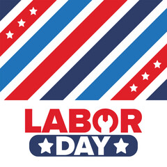 Obraz premium Happy Labor Day. Public federal holiday, celebrate annual in United States. American labor movement. Patriotic american elements. Poster, card, banner and background. Vector illustration