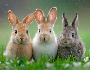 Obraz premium three cute rabbits sitting on the grass, with green meadows and flowers 