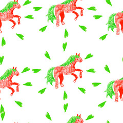 Christmas children's drawings with seamless pattern on white isolation background with wax crayons. Textural and festive repeating pattern in green,red and gray colors. New Year illustrations