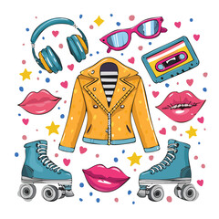 Colorful retro pop art illustration featuring roller skates headphones jacket cassette sunglasses and lipstick elements