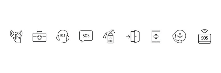 Emergency line icon set. Containing ambulance, lifebuoy, first aid, police, medical, emergency exit, hospital and SOS icons. Line icon collection. SOS icon. Vector illustration.
