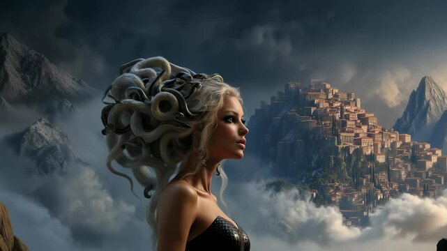 Gorgon Jellyfish legend: cursed statue, Olympian wrath, Medusa glance, serpent ornament, sacred ruin, marble gaze, divine sorrow, mortal fear, ancient symbol, temple shadow, tragic spirit.