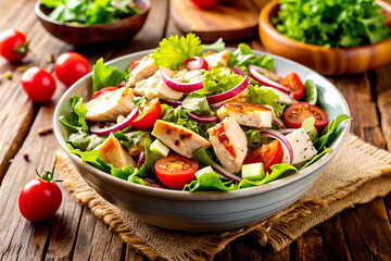 Bowl of Fresh Chicken Salad with Crisp Vegetables and Herbs. AI Generative