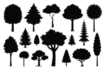 Collection of black silhouettes various tree types