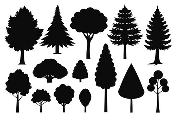 Collection of black silhouettes various trees nature forest