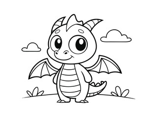 Obraz premium Coloring picture for kids. cute dragon. Cute cartoon dragon character mascot, cut out dinosaur silhouette