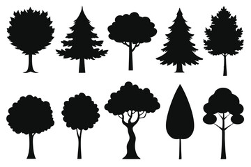 Ten black silhouettes of various trees isolated on white