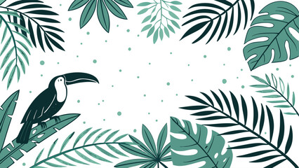 Beautiful illustration of a toucan bird perched on a tropical leaf amidst lush vibrant greenery with decorative elements.