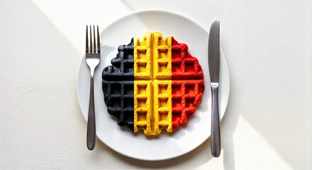 Traditional Belgian Waffle Styled in Belgium Flag Colors on Ceramic Plate with Cutlery on White Wooden Surface 