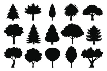 Collection of black silhouettes various tree types