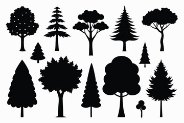 Collection of black silhouettes various trees nature icons