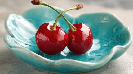 Two Fresh Red Cherries on Blue Ceramic Plate Close-Up