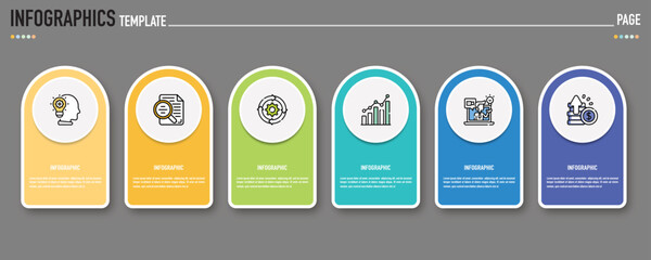 Rectangular infographic template or element with 6 step, process, option, colorful rectangle, icons, triangle, paper origami, button, tag, circle, circular, square bar for sale slide, internet planner