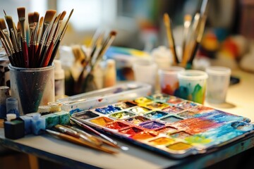 Fototapeta premium Artistic palette and brushes on a table