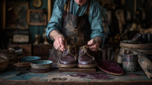 Artisan Cobbler Repairing Shoe Soles in Vintage Workshop - Powered by Adobe