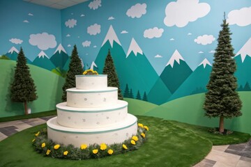 Whimsical mountain landscape with a four tiered cake and evergreen trees