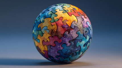 Colorful Puzzle Ball on Blue Background - Autism Awareness Concept
