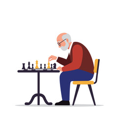 Fototapeta premium Elderly man playing chess at table with focused expression indoors 