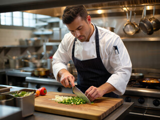 Chef cutting vegetables on chopping board in restaurant kitchen