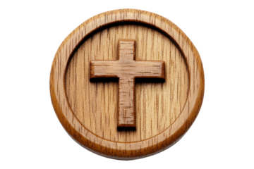 Close up of a carved wooden christian cross symbol within a circular frame isolated on transparent background