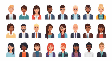 Adobe Illustrator set of avatar vector flat style illustration of diverse business people, showcasing various ethnicities, genders, and professional styles, ideal for corporate and social designs