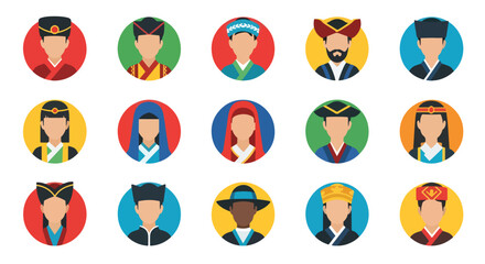 
Adobe Illustrator set of avatar vector flat style illustration of diverse people wearing traditional Asian and ethnic costumes, representing various cultures and heritage