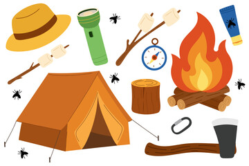 Camping equipment vector set with tent, campfire, flashlight, marshmallows, compass, axe, and forest elements — a ranger hat, tree stump, carabiner, and insects. Perfect for summer camp materials.