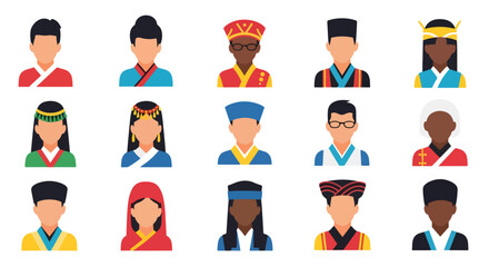 
Adobe Illustrator set of avatar vector flat style illustration of diverse people wearing traditional Asian and ethnic costumes, representing various cultures and heritage