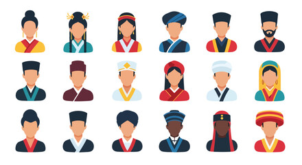 
Adobe Illustrator set of avatar vector flat style illustration of diverse people wearing traditional Asian and ethnic costumes, representing various cultures and heritage