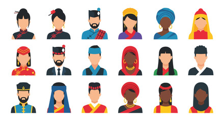 
Adobe Illustrator set of avatar vector flat style illustration of diverse people wearing traditional Asian and ethnic costumes, representing various cultures and heritage