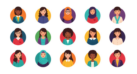Adobe Illustrator set of avatar vector flat style illustration of diverse women's faces, representing various ethnicities and appearances, ideal for user profiles and inclusive design