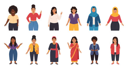 Adobe Illustrator set of avatar vector flat style illustration of diverse women in various outfits, showcasing different cultures and professions, ideal for inclusive design projects
