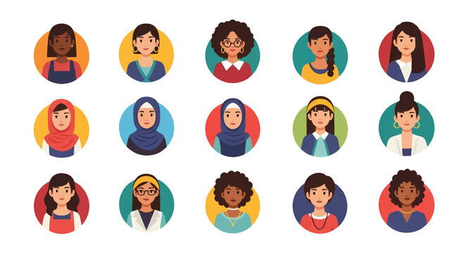 Adobe Illustrator set of avatar vector flat style illustration of diverse women's faces, representing various ethnicities and appearances, ideal for user profiles and inclusive design
