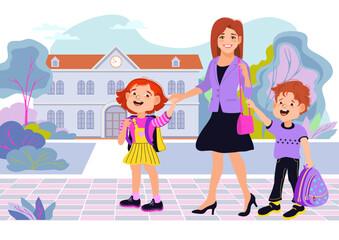 Mom, son, and daughter are holding hands and walking to school through the park. Family scene, care, parenting. A loving mother and her children are talking and smiling. Vector flat illustration.