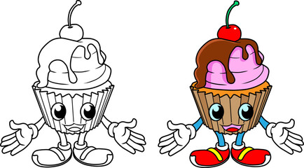  cartoon cupcake line vector illustration isolated on white background