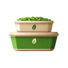 Two eco food containers with greens on transparent background