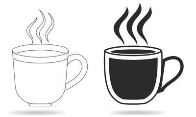 Minimalist Black and White Line Art of a Hot Coffee Mug Solid and Outline Versions with Steam.