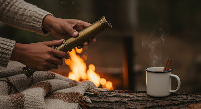 Dark-skinned hands adjusting a vintage 1887 brass telescope with a moth-damaged wool blanket, warm low-key firelight bokeh background, steaming mug with cinnamon stick, cozy lifestyle with copy space