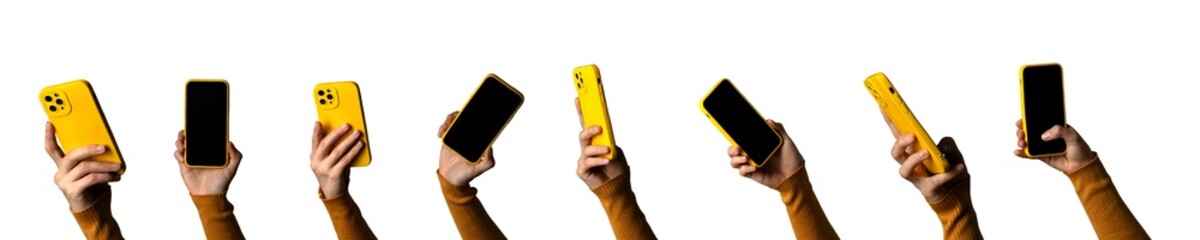 Yellow Smartphone Held by Hands Against White Background
