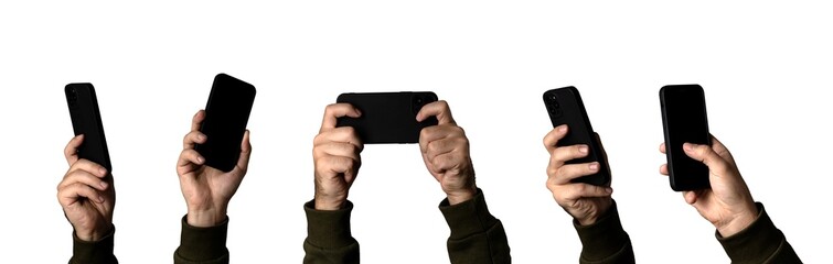 Diverse Hand Gestures Holding Modern Smartphones Against White Background
