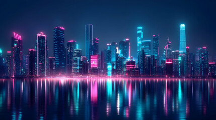 Fototapeta premium Futuristic neon cityscape at night with reflections on water surface