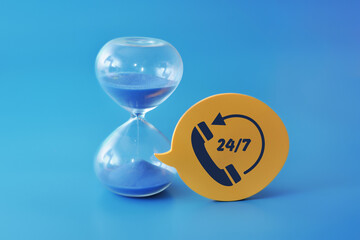 an hourglass next to it and the 24/7 concept of round-the-clock assistance, services, and actions