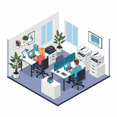 Adobe Illustrator vector flat style illustration of an isometric office space with four people working at desks with computers, showcasing teamwork and a modern work environment