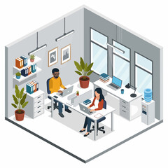 Adobe Illustrator vector flat style illustration of an isometric office space with four people working at desks with computers, showcasing teamwork and a modern work environment
